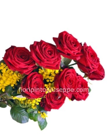 5 Rose rosse a stelo lungo80cm con mimosa